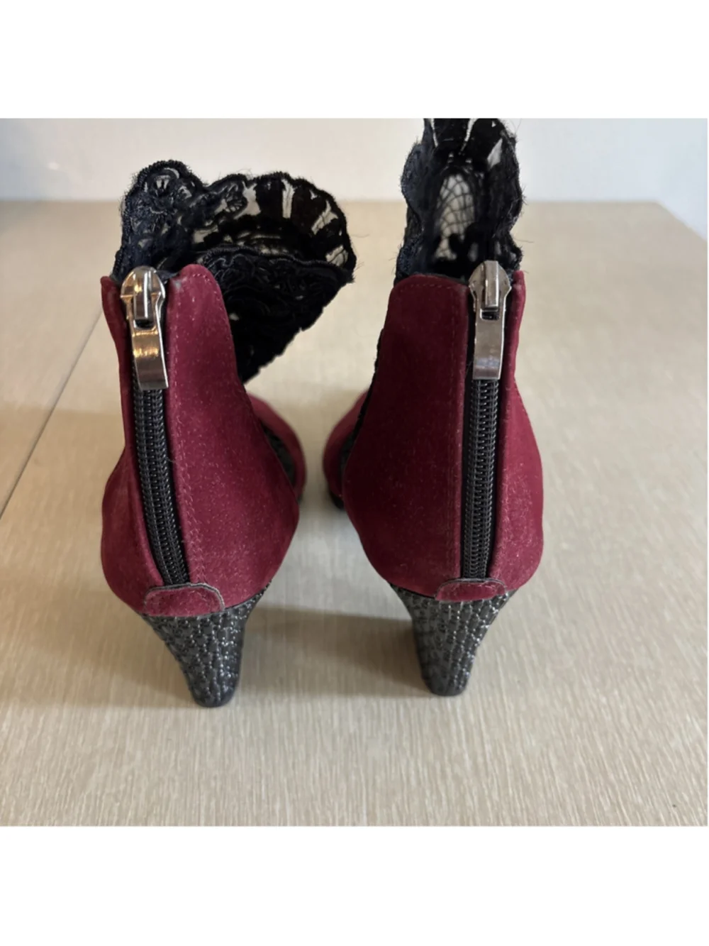 Burgundy Black Lace Ankle Boots Peep Toe Block Heel Women 39(8-8.5) 1190